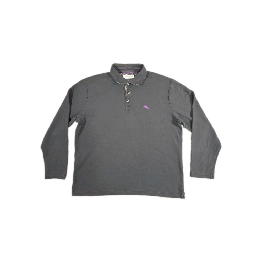 Tommy Bahama Mens Polo Shirt L Black Supima Cotton Long Sleeve IslandZone Resort